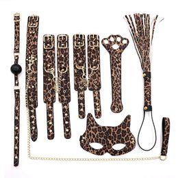 Sexual Bondage BDSM Kit Bondage 7-piece Set with Adjustable Handcuffs Collar Ball Gag Mask Adult Game Sex Toy Golden Leopard 240129