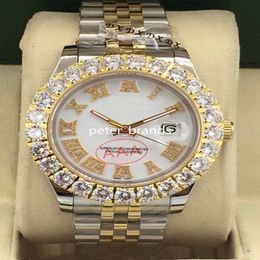 Prong Set Diamond Watches two tone silver gold 43mm white face Bigger diamond bezel Automatic Fashion Men's Watch308d