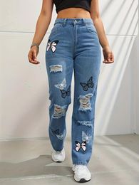 Women's Pants Butterfly Print Ripped Cut Fashion Denim Straight Leg High Waist Contrast Trousers Women