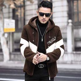 Winter Particle Wool Designer Haining Leather and Integrated Mens Trendy Hooded Spliced Jacket Sheep Scissor Coat Thickened 6TBQ