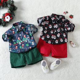 Clothing Sets CitgeeSummer Christmas Kids Boys Outfits Cartoon Print Turn-Down Collar Short Sleeve Shirts Tops Solid Colour Shorts Set