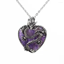 Pendant Necklaces KFT Vintage Animal Dragon Man Necklace Natural Stone Crystal Heart For Women Amethysts Rose Pink Quartz Jewelry Gift