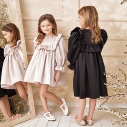 Girl Dresses Fashion Crew Neck Long Sleeves Satin Cute Ruched Knee-Length A-Line Party Gowns Chic Casual Wedding Kids