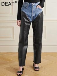 Women's Pants DEAT Fashion Denim High Waist Spliced Pu Leather Zipper Pockets Straight Leg Trouser Lady Autumn 2024 7AB1201