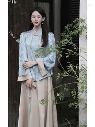 Ethnic Clothing 2024 Autumn Chinese Jacquard Button Top Temperament Retro Tang Suit Two Piece Set Women Graceful Daily Cheongsam