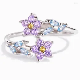 Cluster Rings Purple Flower 925 Sterling Silver Crystal Ring Blue Leaf Women's Wedding Dainty Engagement Jewelry