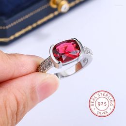 Cluster Rings 2024 Fashion Princess Cut Oval Ruby Full Diamond Couple Ring For Women Zircon Anniversary Gift Party Jewellery Silver