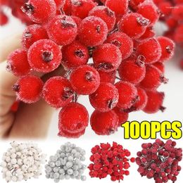 Decorative Flowers Christmas Red Berry Artificial Holly Berries Simulation Cherry Stamen Frosted Double Head For Wreath Gift Xmas Party