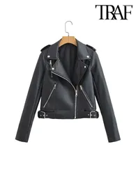 Women's Jackets TRAF 2024 Fashion Faux Leather Cropped Motorcycle Jacket Coat Vintage Long Sleeve Zip-up Female Outerwear Streetwear