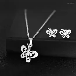 Necklace Earrings Set Butterfly Ear Stud With Cool Style Charm Hanging Chain Stainless Steel Insect Pendant Three Piece