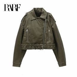 RARF style Womens washed leather jacket with belt short coat with downgraded zipper and vintage lapel jacket 240201