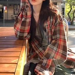 Women's Blouses Product Fashionable College Style Retro Plaid Shirt Autumn Loose Casual Long-sleeved Sunscreen Jacket Trend