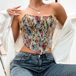 Women's Tanks French Vintage Print Sleeveless Corset Tops Summer Fashion Elegant Vest Female Waist Push Up Party Club Crop Solid Top