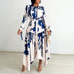 Ethnic Clothing African Print Dresses For Women Big Size Fashion Nigeria Lapel Long Sleeve Irregular Dress Robe Femme