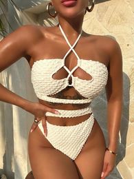 Women's Swimwear Sexy Criss Cross One Piece Swimsuit 2024 Women Solid White Hollow Out Thong Monokini Beach Bathing Suit Backless