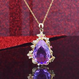 Solid 14K Gold Necklace Origin amethyst Jewelry Pendant for Women 14 K Yellow Gold SAPPHIRE Gemstone Chains Necklace 240127