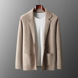 100% Merino Wool Mens Suit Collar Knitted Cardigan Autumn Winter Thickened Solid Color Shirt Cashmere Jacket Sweater 240123