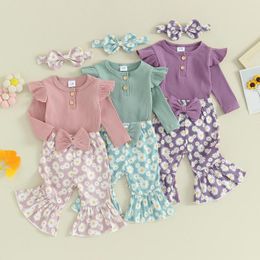 Clothing Sets Spring Infant Baby Girls Outfits Ribbed Long Sleeves Romper And Daisy Print Elastic Flared Pants Headband Fall Clothes