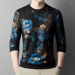 Men's T Shirts Blue Floral Print Velvet Shirt For Men Long Sleeve Luxury Casual Winter Thick Quality Soft Comfortable 4XL Camisetas De