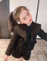 Clothing Sets Winter Girl 2 Piece Tweed Set Children Black Suit Clothes For 2-10Years Coat Outwear Shorts Vintage Outfits