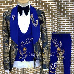 Costume Homme Jacquard Mens Fashion Party Suits Shawl Lapel 3 Pieces Set Wedding Groom Suits Quality Floral Banquet Tuxedos 240125