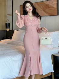 Casual Dresses French Elegant Long Dress Woman Gentle Style Pink Single Breasted Ruffles Fishtail Robe Party Prom Vestidos Coffee Break