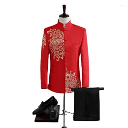 Men's Tracksuits Embroidered Standing Collar Groom Chinese Dress Show He Toast Suit Two Piece Performance