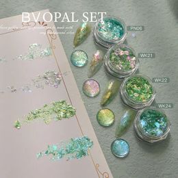 HNDO Green Color 4 Pcs Set Opal Powder Glitter Nail Art Decoration Flakes Iridescent Pigment Dust for Manicure Design 240202