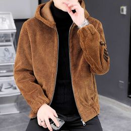Leather and Fur Integrated Mens Jacket with Granular Velvet Hooded Insulation for Autumn Winter Designer Versatile Casual Zipper Thickened Top Q3Z9