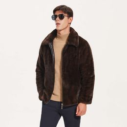 Imitation Mink Fur Coat Mens Autumn and Winter Haining Lapel Collar Short Thickened Warm Trend PE0C