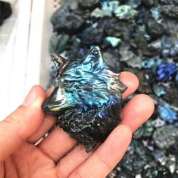 Decorative Figurines 1pcs Natural Labradorite Crystals Stone Carved Wolf Animal Healing Reiki Collectible Figurine Halloween Gift Room