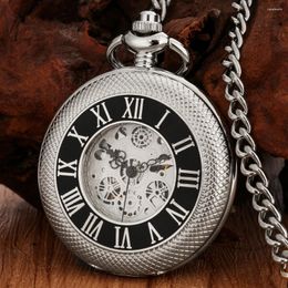 Pocket Watches Silver Watch Men's Luxury Vintage Manual Mechanical Fashion Holes Design Roman Numeral Dial Hook Chain Clock