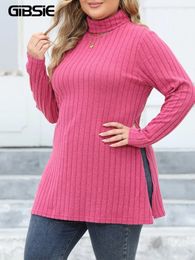 GIBSIE Plus Size Casual Side Split Ribbed Knit Long T-Shirt Women Spring Fall Turtleneck Long Sleeve Y2K Tops Tee Streetwear 240201