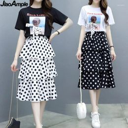 Work Dresses Summer Big Size Slim T-shirt Skirts Set For Women 2024 Girl Student Sweet Print Polka Dot Dress Fashion Ribbon Bow-knot Tops