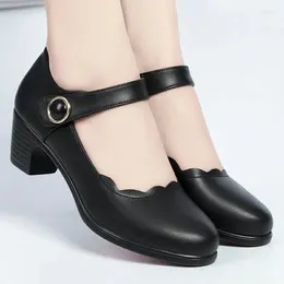 Dress Shoes Women's Fashion Sweet Red Comfortable Buckle Square Heel Pumps Lady Casual Black Leather Office High Heels