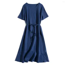 Party Dresses Cotton Linen Vintage Midi Dress Women Solid V-Neck Short Sleeve Casual Summer Lace Up Loose Beach Sundresss Robe Femme