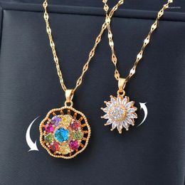 Pendant Necklaces SINLEERY Rotatable Spinner Flower Pendants Stainless Steel Necklace For Women Red Blue Green Cubic Zirconia Jewelry