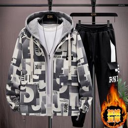 Men's Tracksuits Winter Thicken Men Tracksuit Warm Set Fleece For Brand Hooded Jacket Pants 2 Piece Suits Male Clothing