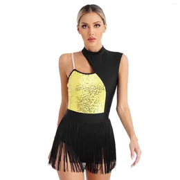 Stage Wear Womens Latin Tango Dance Performance Costumes Cutout Sleeveless Leotard Shiny Sequins Contrast Color Patchwork Fringed Bodysuit