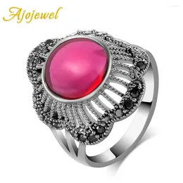 Cluster Rings Ajojewel Women's Vintage Flower Black Rhinestones Silver-color Stone Ring Retro Jewellery Beauty Gifts