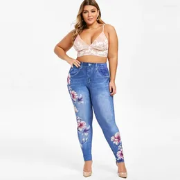 Pants Women's Winter Beautiful Flower Faux Denim Jeans Ladies Skinny Pockets Trousers High Quality Clothing Plus Size L-6XL 2024