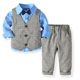 Kids Boy Formal Suits Blazers Party Birthday Clothes Set Gentleman Baby Boys Suit Tops Shirt Waistcoat Tie Pant 4PCS Set Clothes 240119