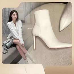 Boots 2024 Women Ankle Boot Pointed Toe High-heel Stiletto Heels Leather Fashion Side Zipper Elegant Short Shoes