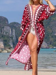 Casual Dresses 2024 Printed V Neck Loose Maxi Dress Kimono Boho Kaftan Long Tunic Beach Cover-ups Beachwear Female V4426S