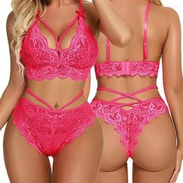 Bras Sets Perspective Sexy Lingerie Women Lace Bra Cross Belt Brief Underwear Set Erotic Sleepwear For Woman 2024