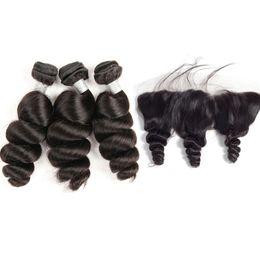 Malaysian Indian 100% Human Hair 3 Bundles With 13X4 Lace Frontal 4 PCS/lot Natural Colour Loose Wave Curly Hair Products 10-30inch