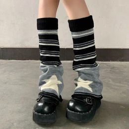 Women Socks Black Grey Striped Star Lolita Leg Warmers Autumn Winter Knitted Long JK Calf Gaiters Pile Up Covers