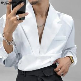 INCERUN Men Casual Shirt Solid Colour Lapel Button Long Sleeve Fashion Tops Streetwear Loose Leisure Camisa Masculina S-5XL 240202