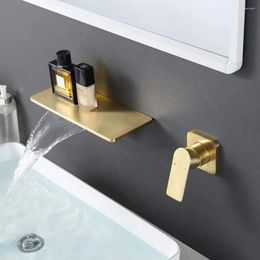Bathroom Sink Faucets Brushed Gold Waterfall Faucet Solid Brass Black 1 Handle Wall Mounted Lavatory Mixer Tap