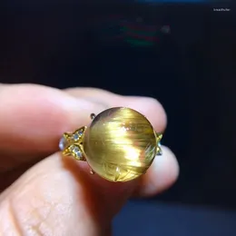 Cluster Rings Natural Gold Rutilated Quartz Adjustable Ring 925 Silver Round Women Ball 12.2mm Yellow Beads